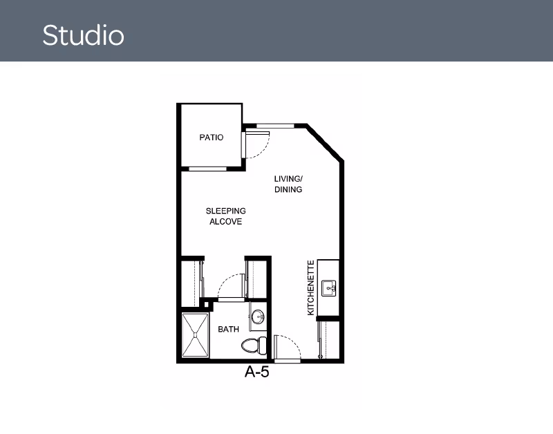 Black-and-white studio floor plan labeled A-5 showing a patio, living/dining area, sleeping alcove, kitchenette, and bathroom.