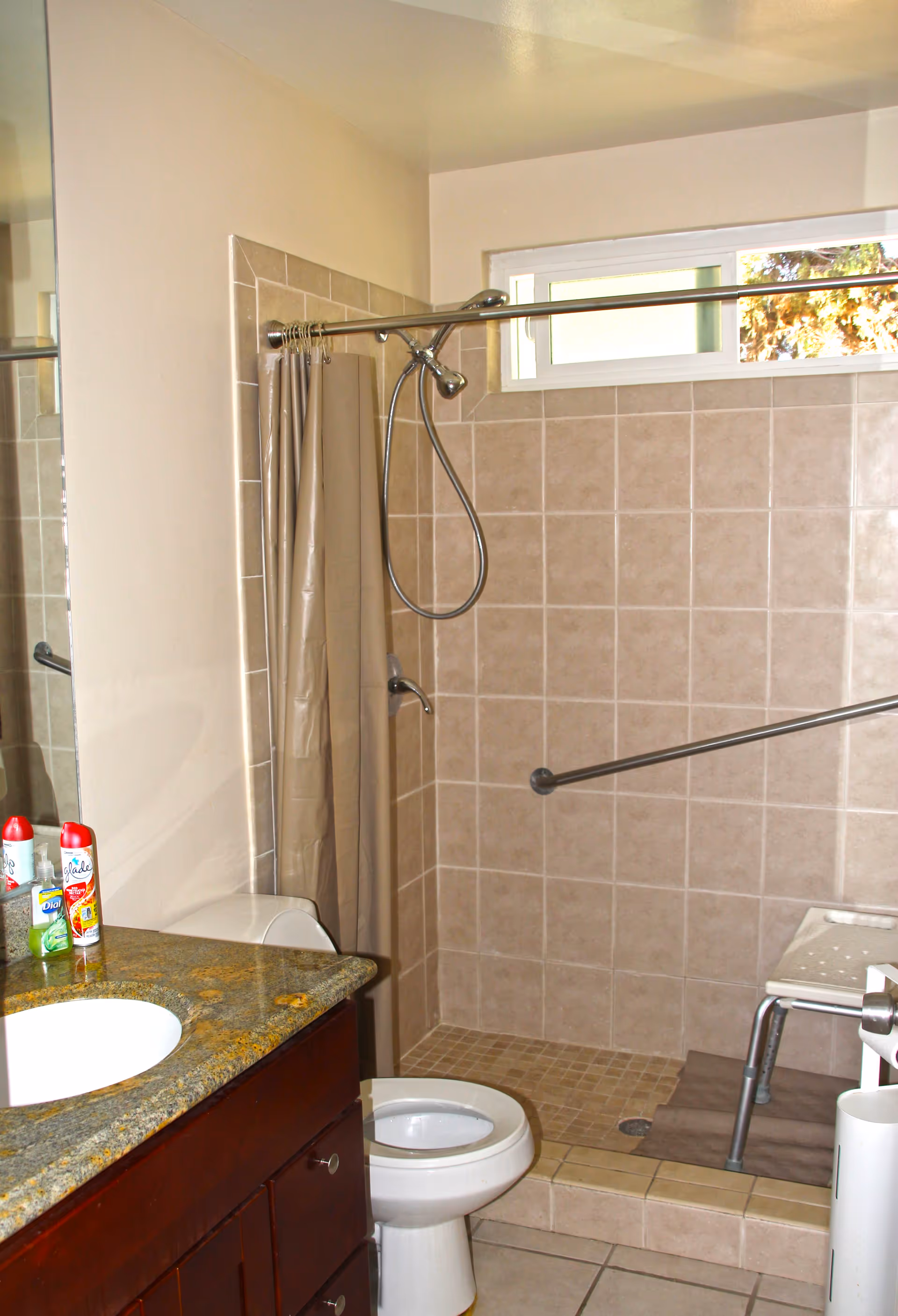 Bathroom with a tiled walk-in shower featuring a handheld showerhead and a grab bar. There is a white toilet next to the shower and a dark wood vanity with a granite countertop and a sink. Various hygiene products are placed on the countertop. A small window above the shower lets in natural light.