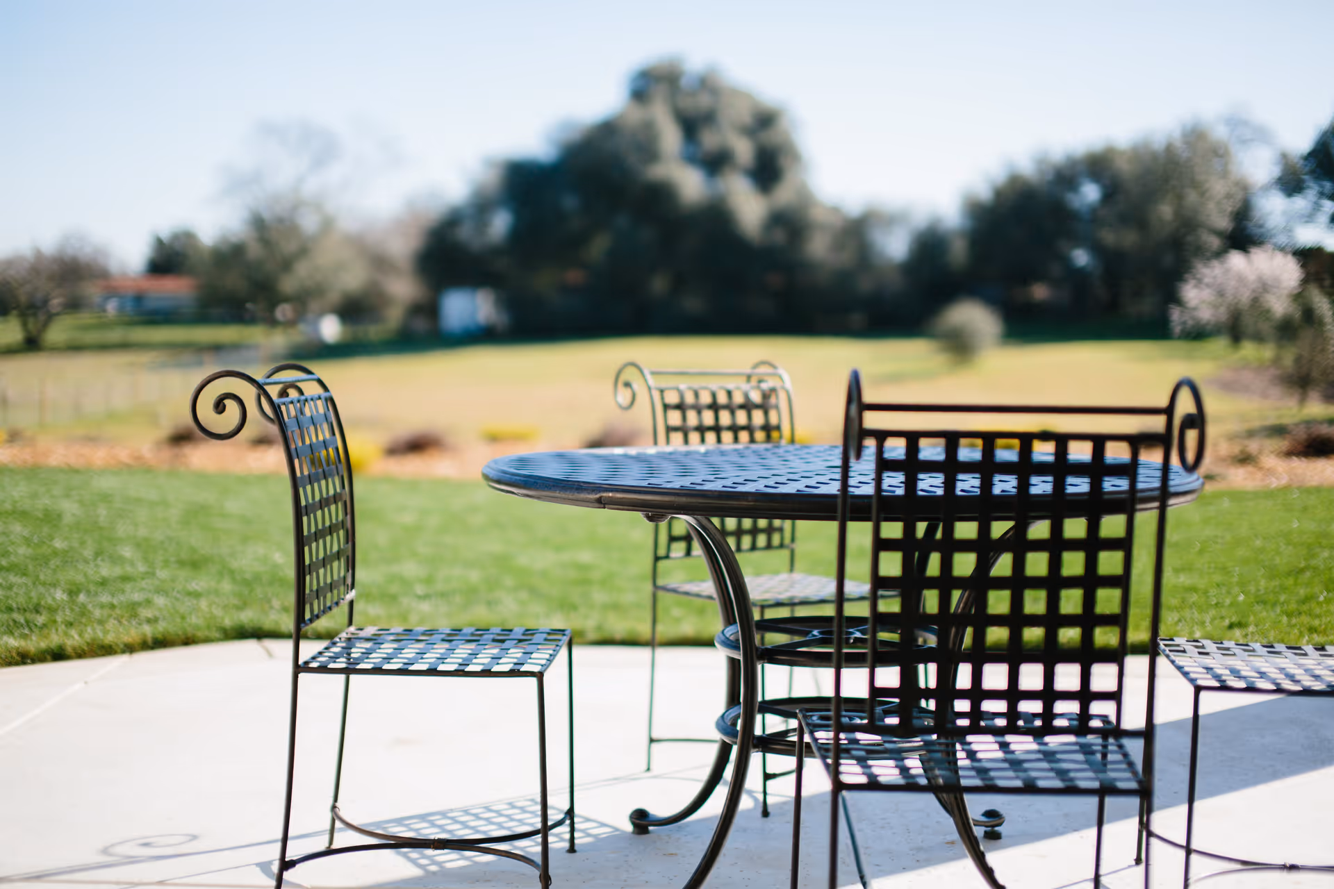 Outdoor patio area with a round metal table and four matching metal chairs on a concrete surface, overlooking a grassy lawn and trees in the background under a clear sky.