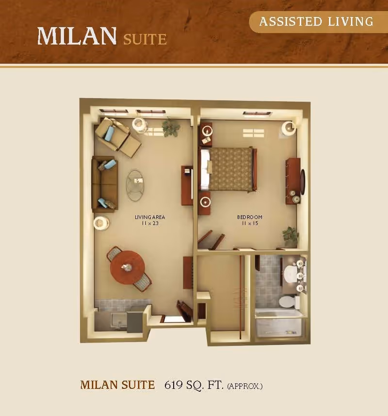 Floor plan of the Milan Suite at Mirabella Assisted Living & Memory Care, showing a living area with sofa, chair, coffee table, and dining table; a bedroom with a bed, nightstands, dresser, and TV; and a bathroom with a sink, toilet, and shower. The suite is approximately 619 square feet.