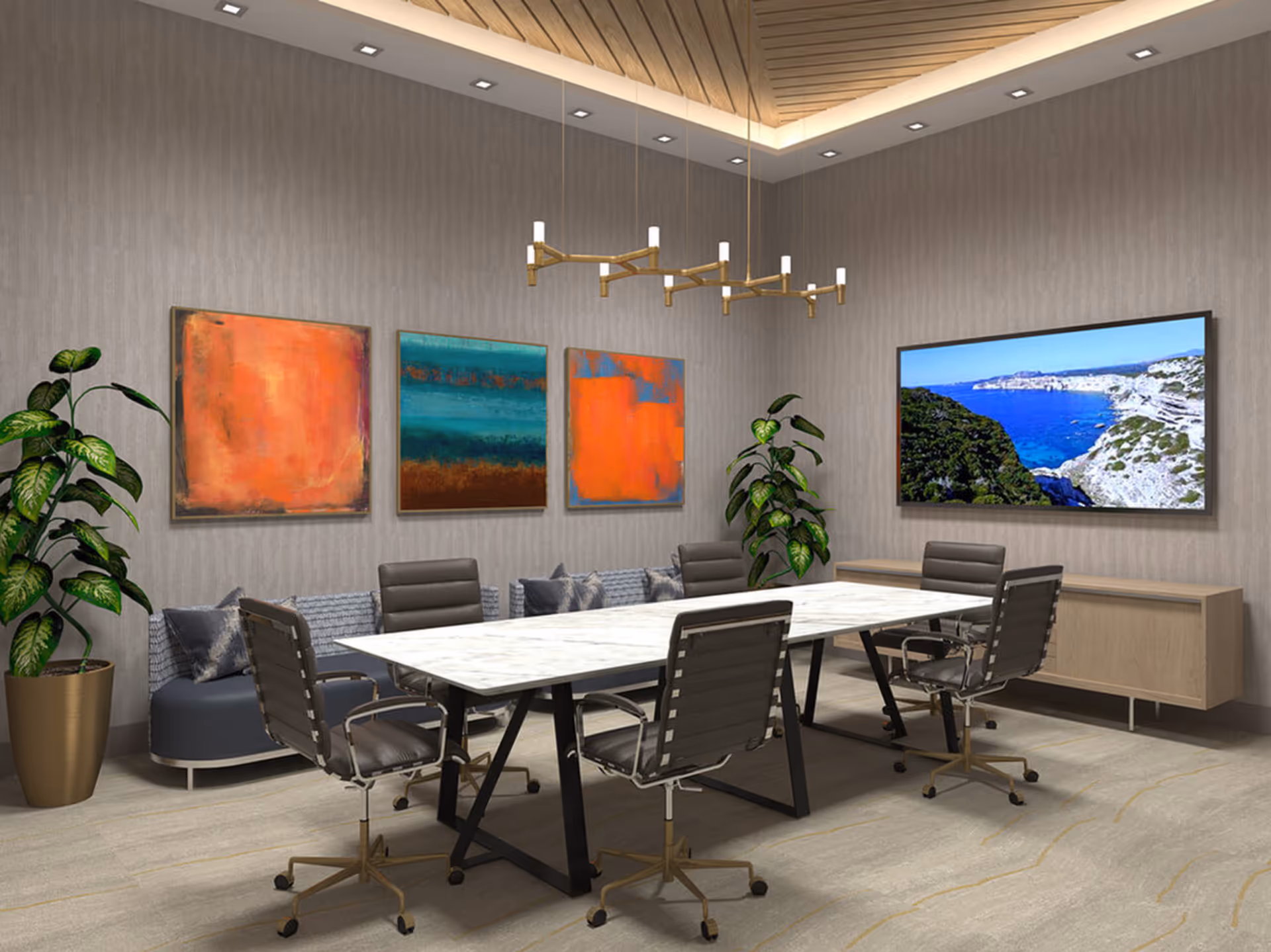 Modern meeting room with a long marble table, swivel chairs, colorful wall art, a wall-mounted TV, and potted plants.