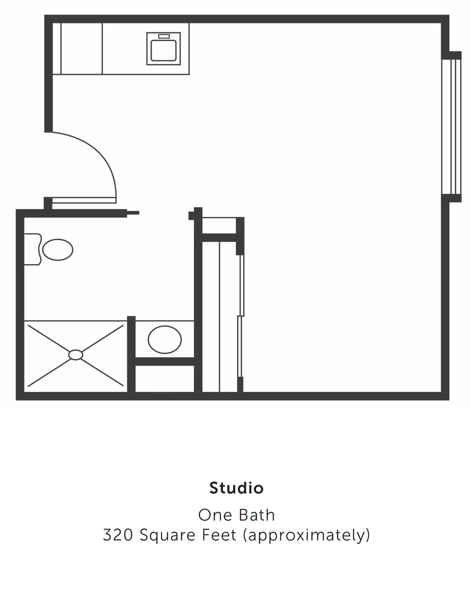 Floor plan of a studio apartment with one bathroom and a kitchenette, approximately 320 square feet. The layout shows a combined living and sleeping area, a bathroom with a toilet and shower, and a small kitchen area with a sink.