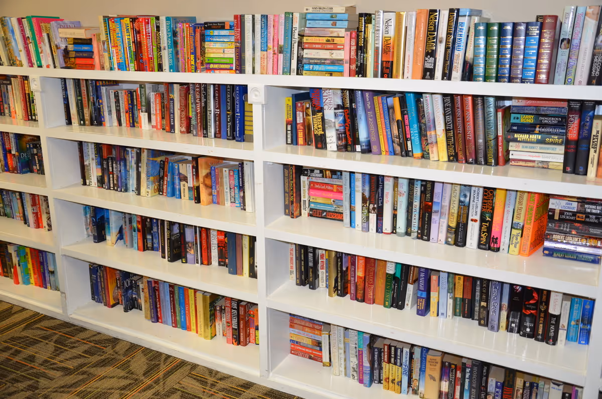 White bookshelves filled with a variety of books arranged neatly in a room with patterned carpet flooring.