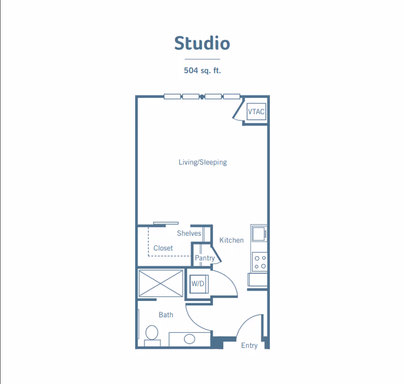 Blueprint-style floor plan of a 504 sq. ft. studio showing a combined living/sleeping area, kitchen, bathroom, closet, pantry, and entry with W/D.