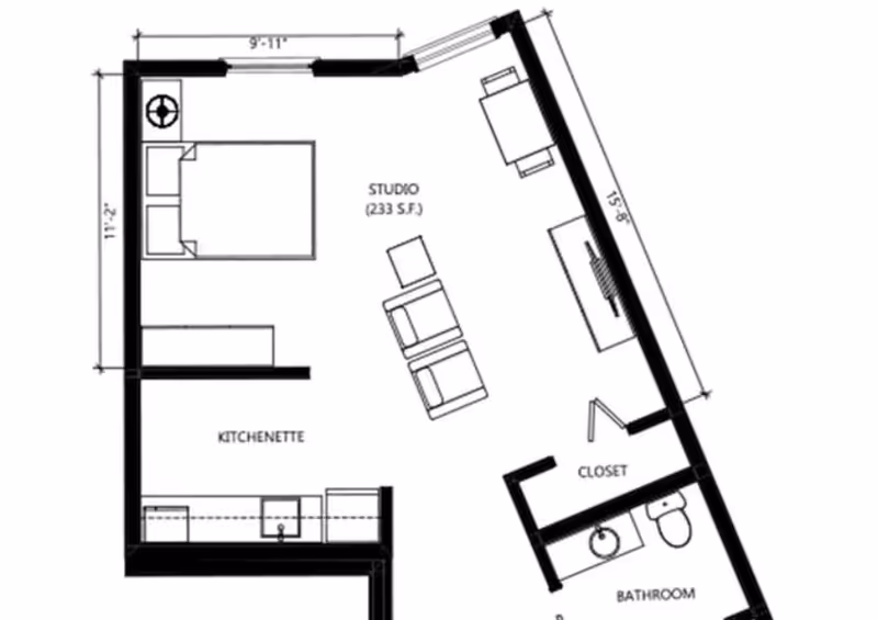 Studio apartment floor plan at Sunflower Springs showing bed, kitchenette, living area, and bath.