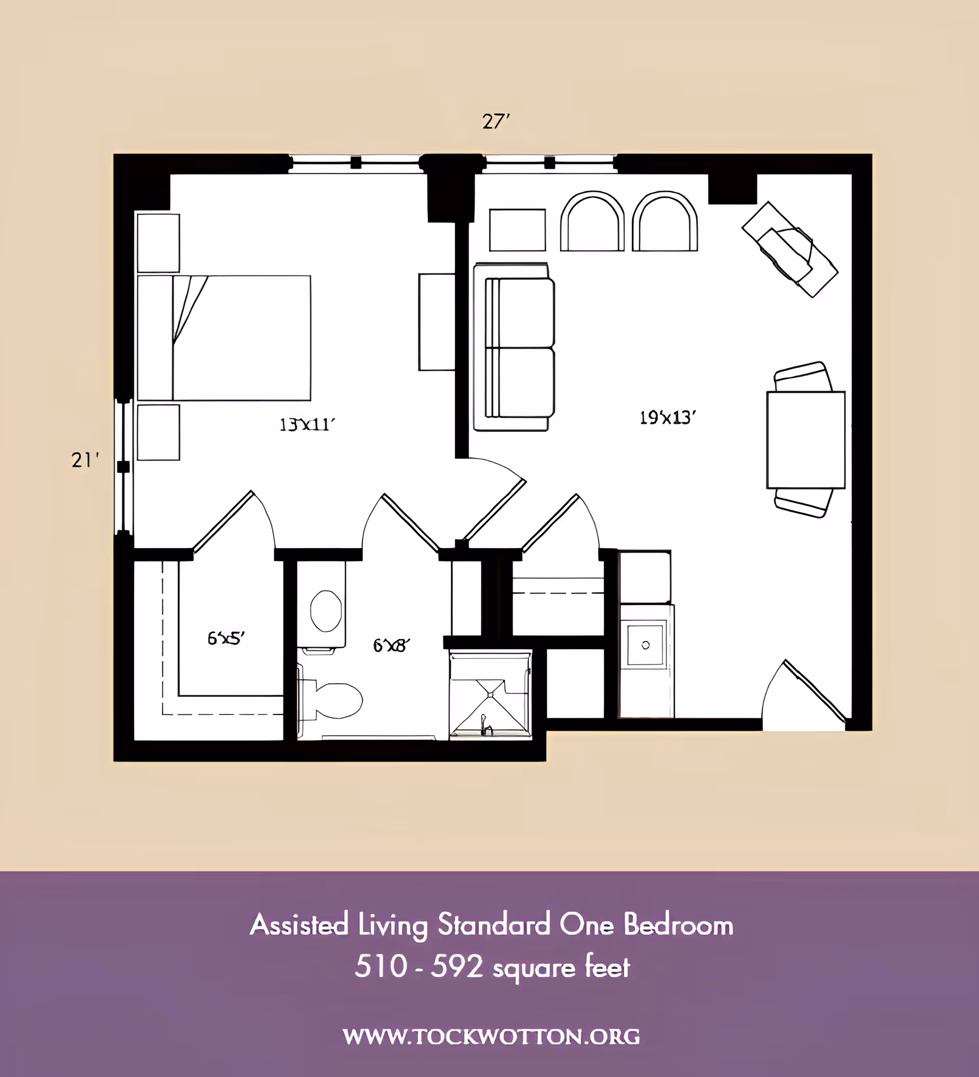 Floor plan of an assisted living standard one-bedroom apartment showing a bedroom, living room, bathroom, and closet with dimensions and furniture layout.