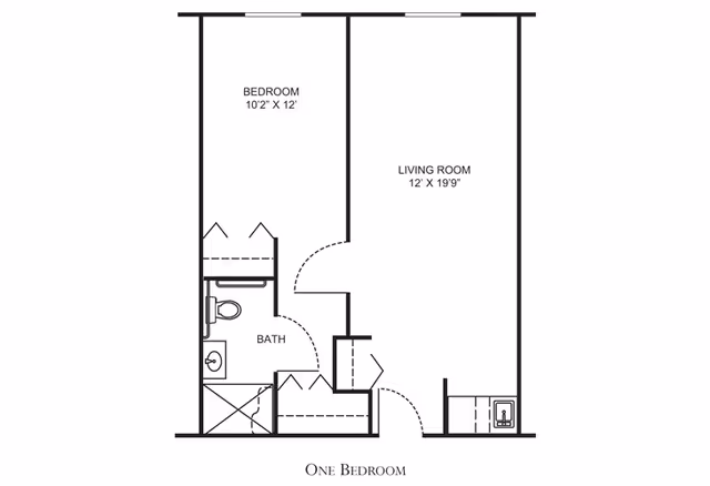 Floor plan of a one-bedroom apartment showing a bedroom measuring 10 feet 2 inches by 12 feet, a living room measuring 12 feet by 19 feet 9 inches, a bathroom, and closets.