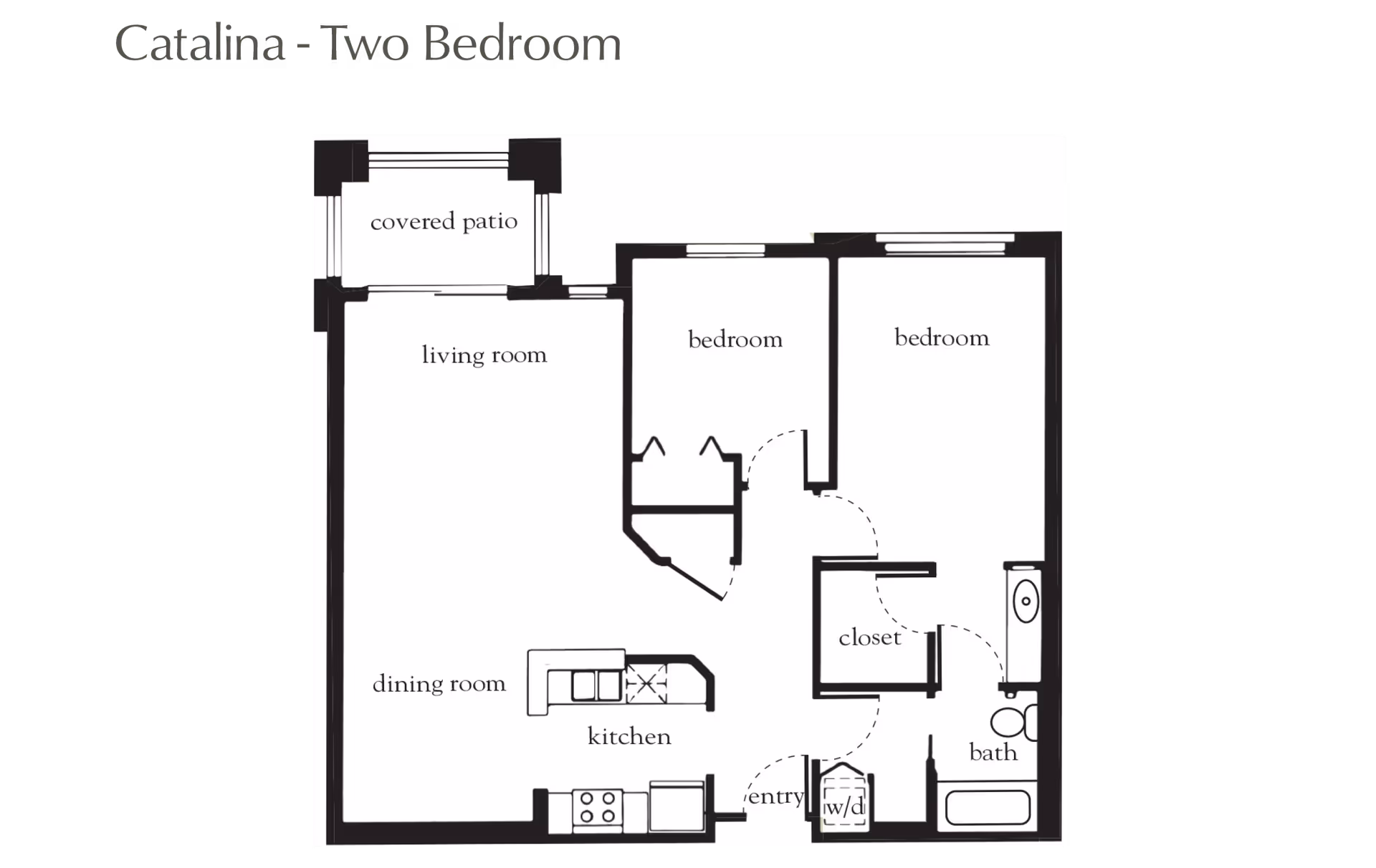 Floor plan labeled Catalina - Two Bedroom showing a covered patio, living room, dining room, kitchen, two bedrooms, closet, bath, entry, and washer/dryer area.