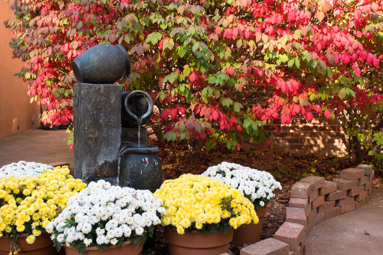 Outdoor garden area with a decorative water fountain featuring three black pots stacked with water flowing from the top pot to the bottom. Surrounding the fountain are pots of yellow and white flowers, with a backdrop of a bush with vibrant red and green leaves. A low brick wall curves along the right side of the garden bed.