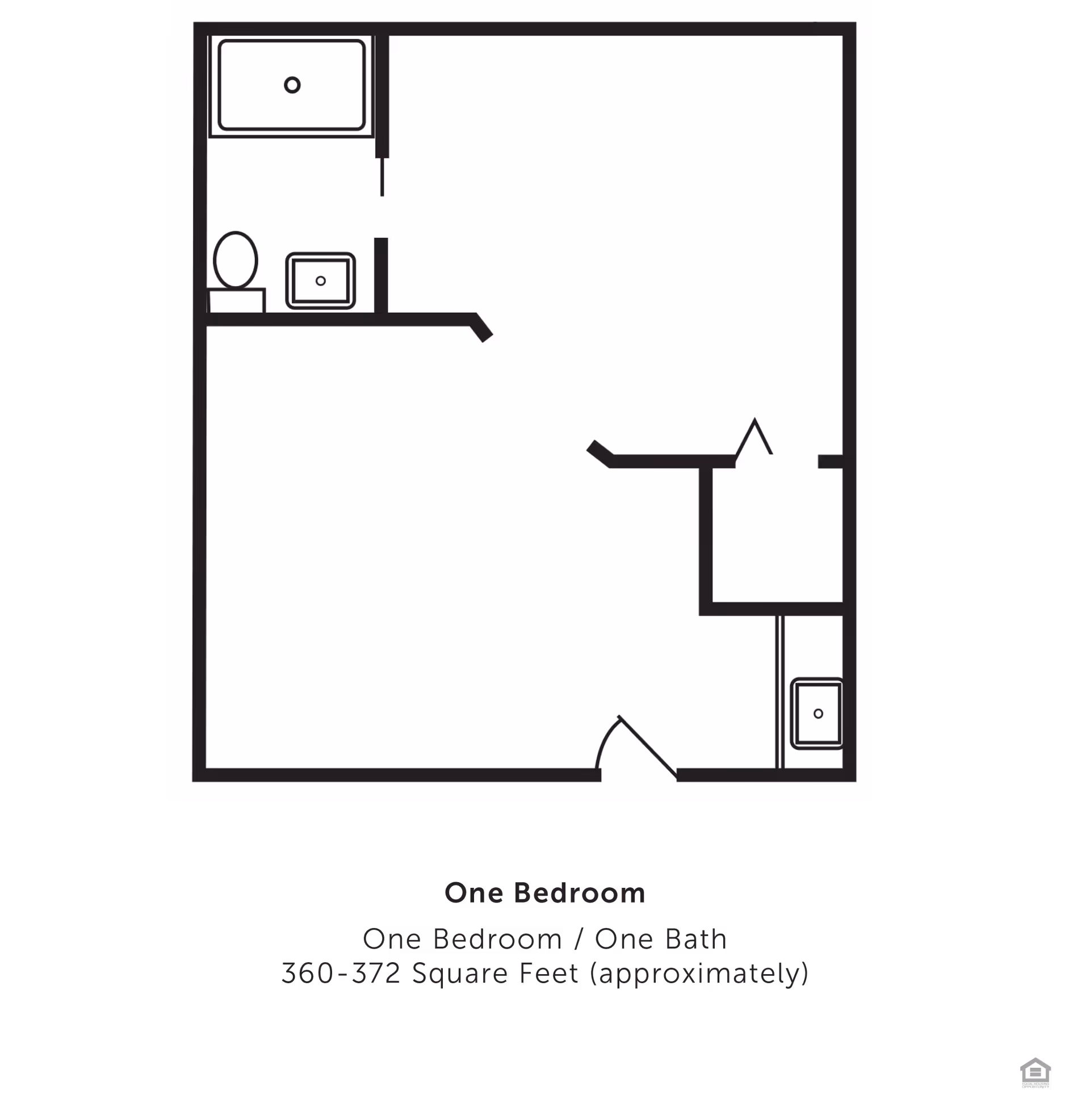Floor plan of a one-bedroom, one-bath apartment with an area of approximately 360-372 square feet. The layout shows a bathroom with a bathtub, toilet, and sink, an entry door, and an open living space.