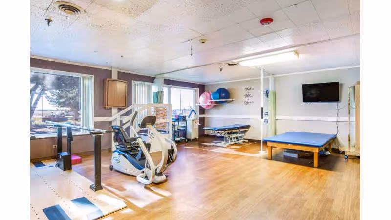 A spacious rehabilitation room with exercise equipment including a stationary bike, parallel bars for walking practice, therapy tables, exercise balls mounted on the wall, and a wall-mounted TV. Large windows allow natural light to fill the room.
