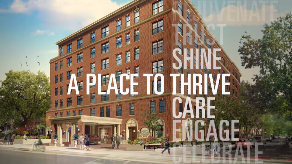 Exterior view of a multi-story brick building with large windows, identified as Belmont Village Senior Living Lincoln Park. People are walking near the entrance, and there are trees and parked cars along the street. Overlaid text reads: 'A PLACE TO THRIVE' along with words like 'REJUVENATE', 'TRUST', 'SHINE', 'CARE', 'ENGAGE', and 'CELEBRATE'.