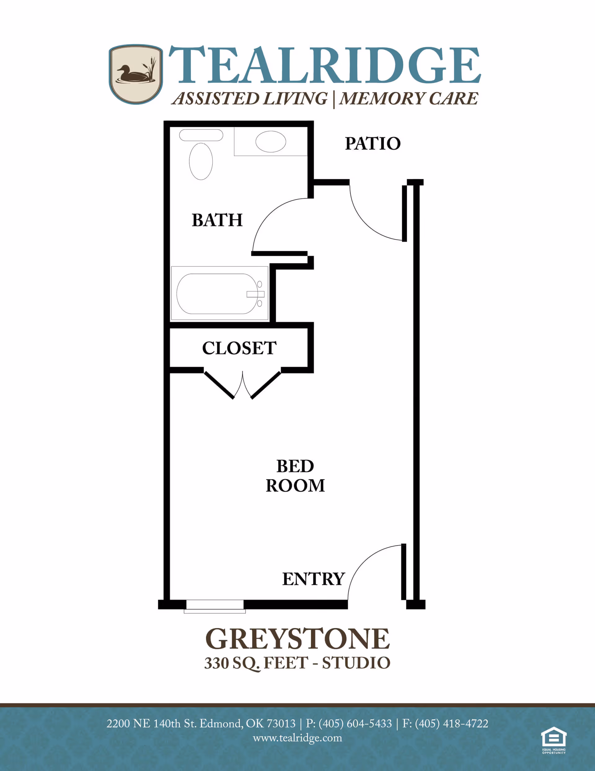 Floor plan of a studio apartment named Greystone at Tealridge Assisted Living and Memory Care, showing a bedroom, closet, bathroom, entry, and patio. The total area is 330 square feet.