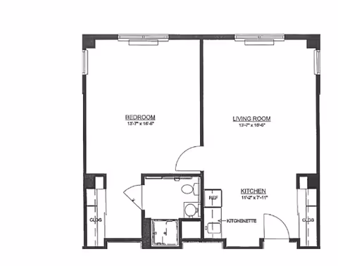 Black and white architectural floor plan of a one-bedroom apartment at Berkshire Commons, showing a bedroom, living room, kitchen with kitchenette, bathroom, and closets.