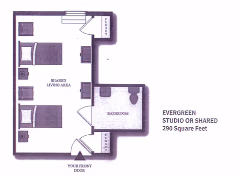 Floor plan of Evergreen studio or shared living space with 290 square feet, showing two beds in a shared living area, a bathroom, two closets, and a front door.