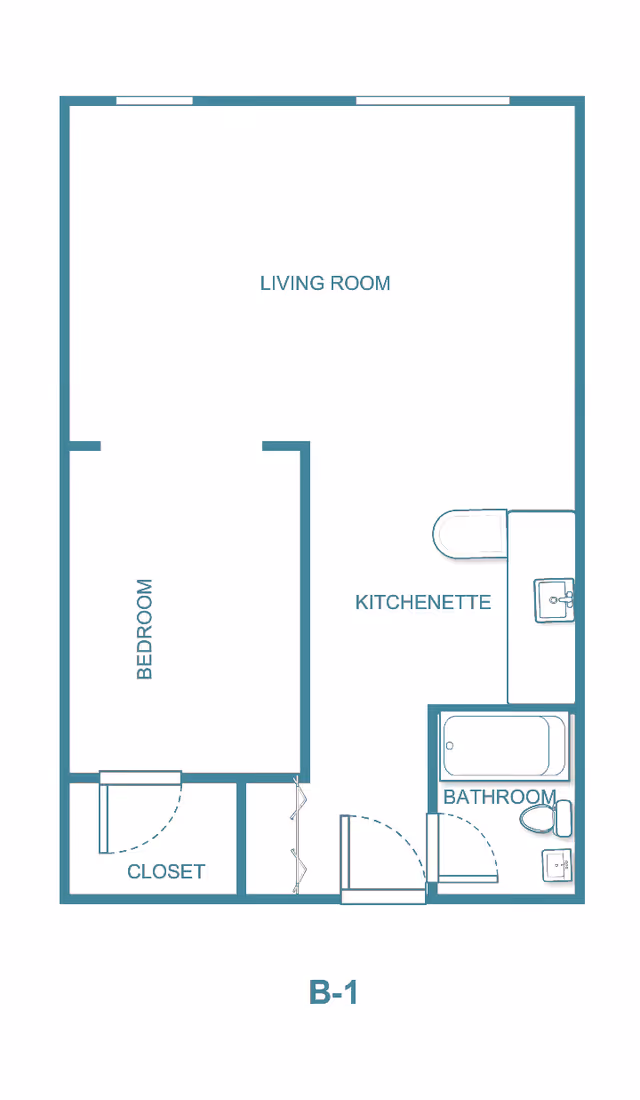 Floor plan layout of a living space labeled B-1, showing a living room, bedroom, closet, kitchenette, and bathroom with fixtures including a bathtub, toilet, and sink.