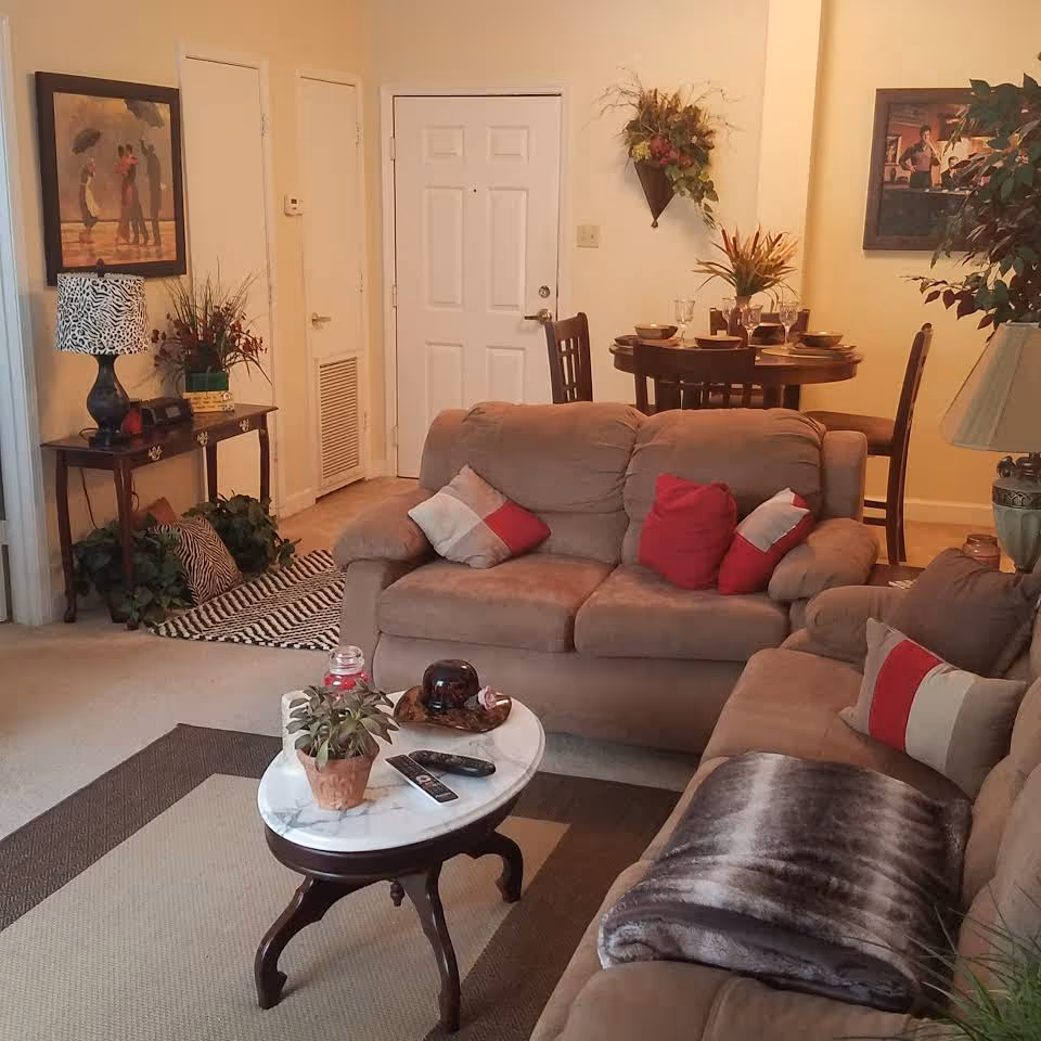 A cozy living room with two beige sofas adorned with red and beige pillows. A small oval coffee table with a potted plant, remote controls, and decorative items sits on a beige and brown area rug. In the background, there is a round dining table set with plates, glasses, and a floral centerpiece. The walls are decorated with framed paintings and a wall-mounted floral arrangement. A console table with a lamp and plants is positioned near a white door.