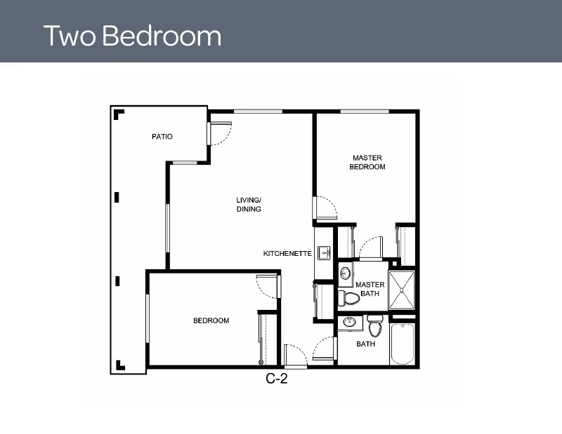 Black-and-white floor plan titled "Two Bedroom" showing a living/dining area with kitchenette, master bedroom, second bedroom, two bathrooms and a patio.