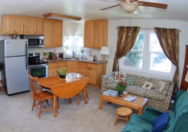A cozy living area combined with a kitchen. The kitchen has wooden cabinets, a stainless steel refrigerator, oven, and microwave. A wooden dining table with two chairs is placed near the kitchen. The living area features a patterned sofa with decorative pillows, a wooden coffee table with plants and magazines, a small wooden stool, and a green armchair. There are two windows with brown curtains letting in natural light, and a ceiling fan with a light fixture above.