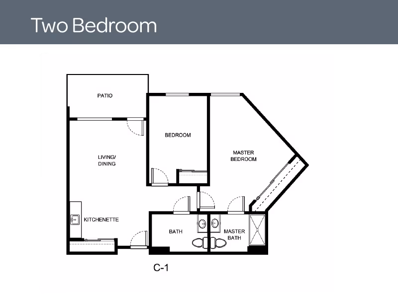 Black-and-white two-bedroom floor plan labeled 'Two Bedroom' showing a patio, living/dining area, kitchenette, bedroom, master bedroom, and two bathrooms.