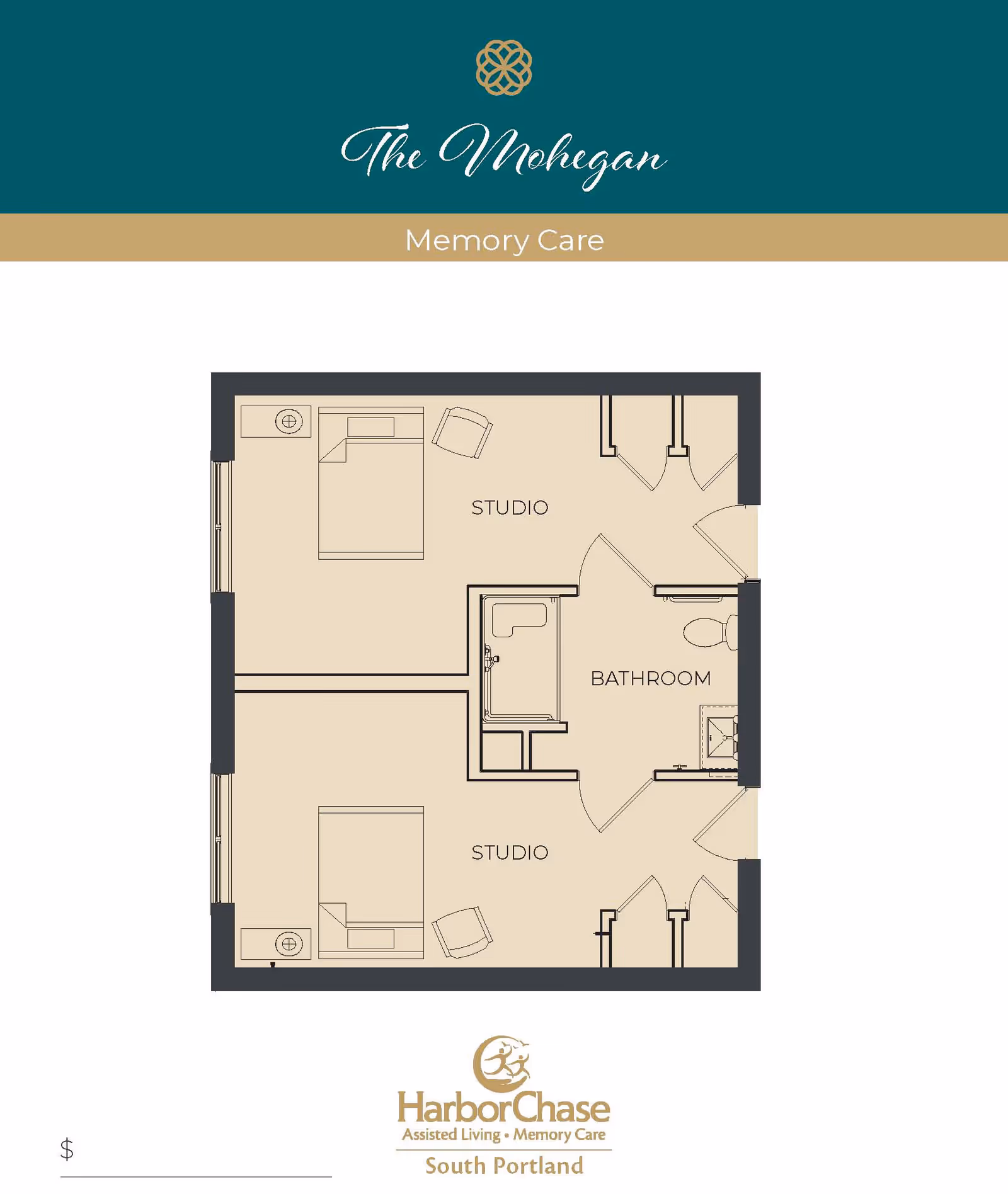 Floor plan showing two studio rooms and a shared bathroom for a memory care unit.
