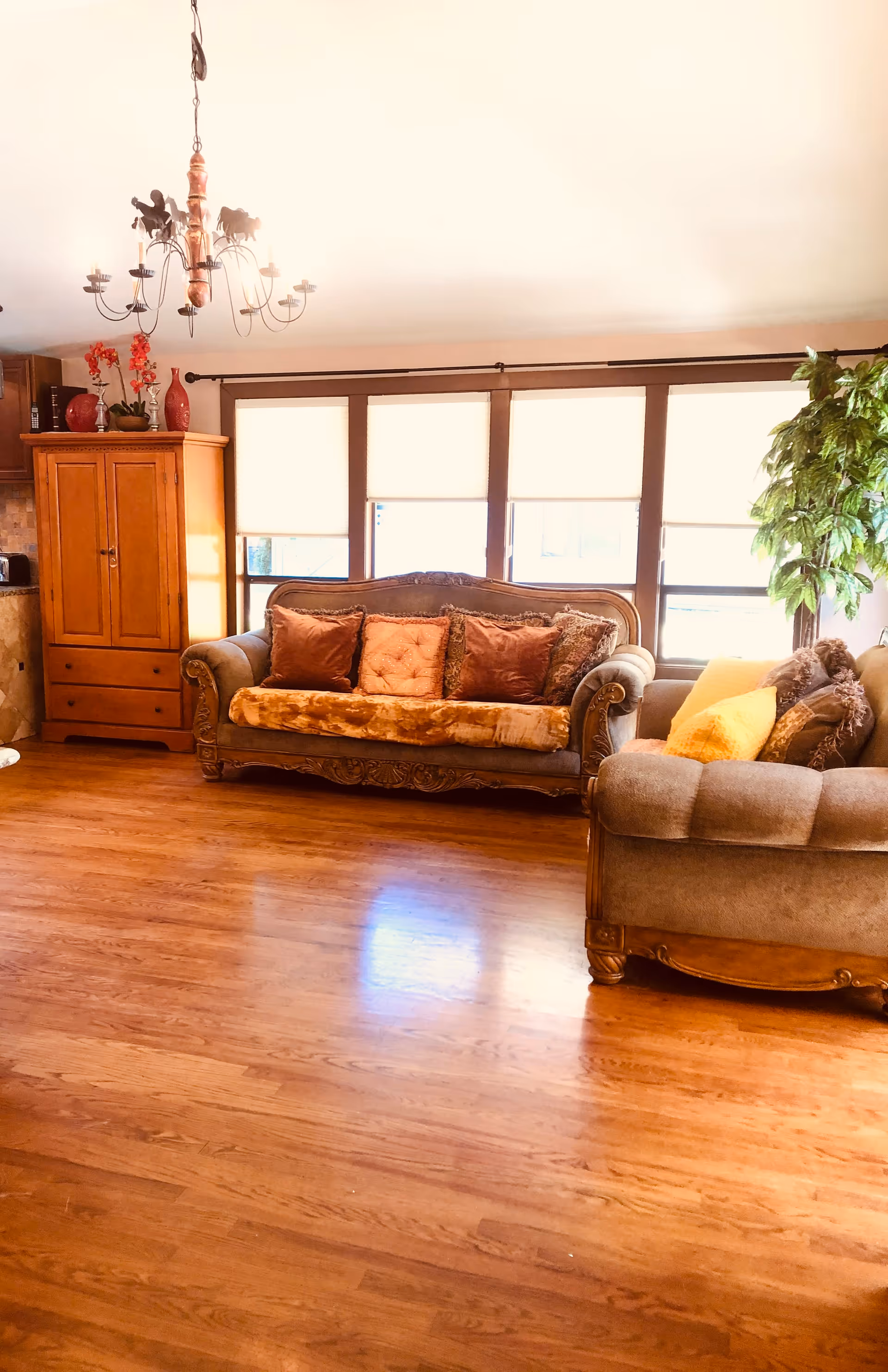 Sunlit living room with hardwood floors, two upholstered sofas, a wooden cabinet, large windows with shades, and a chandelier.