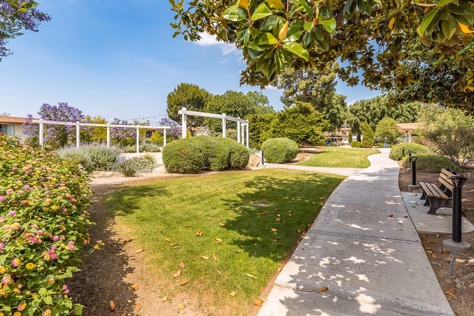 A sunny outdoor garden area at Sun City Gardens featuring a paved walkway curving through green grass, bushes, and flowering plants. There are benches along the path and trees providing shade under a clear blue sky.