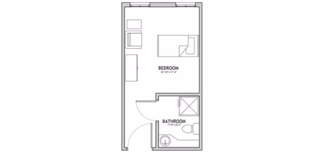 Architectural floor plan of a small living unit at The Auberge At Aspen Park, showing a bedroom area with a bed, chair, and dresser, and an attached bathroom with a shower, toilet, and sink.