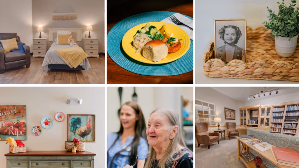 A collage of six images showing various scenes from a senior living facility. Top left: a cozy bedroom with a single bed, armchair, and nightstands with lamps. Top center: a plate of food with rice, vegetables, and a bread roll on a blue placemat. Top right: a framed black and white photo of a young girl and a potted plant on a woven tray. Bottom left: a decorated wall with colorful plates and artwork above a wooden sideboard. Bottom center: two women smiling and interacting, one elderly and one younger. Bottom right: a library or reading room with bookshelves, armchairs, a sofa, and a table with books.