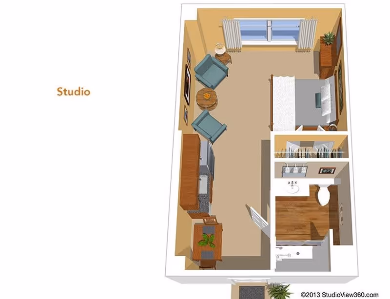 3D floor plan of a studio apartment featuring a combined living and sleeping area with a bed, two armchairs, a round table, a dresser, and a window with curtains. The kitchen area includes cabinets, a sink, and appliances. There is a separate bathroom with a sink, toilet, and shower.