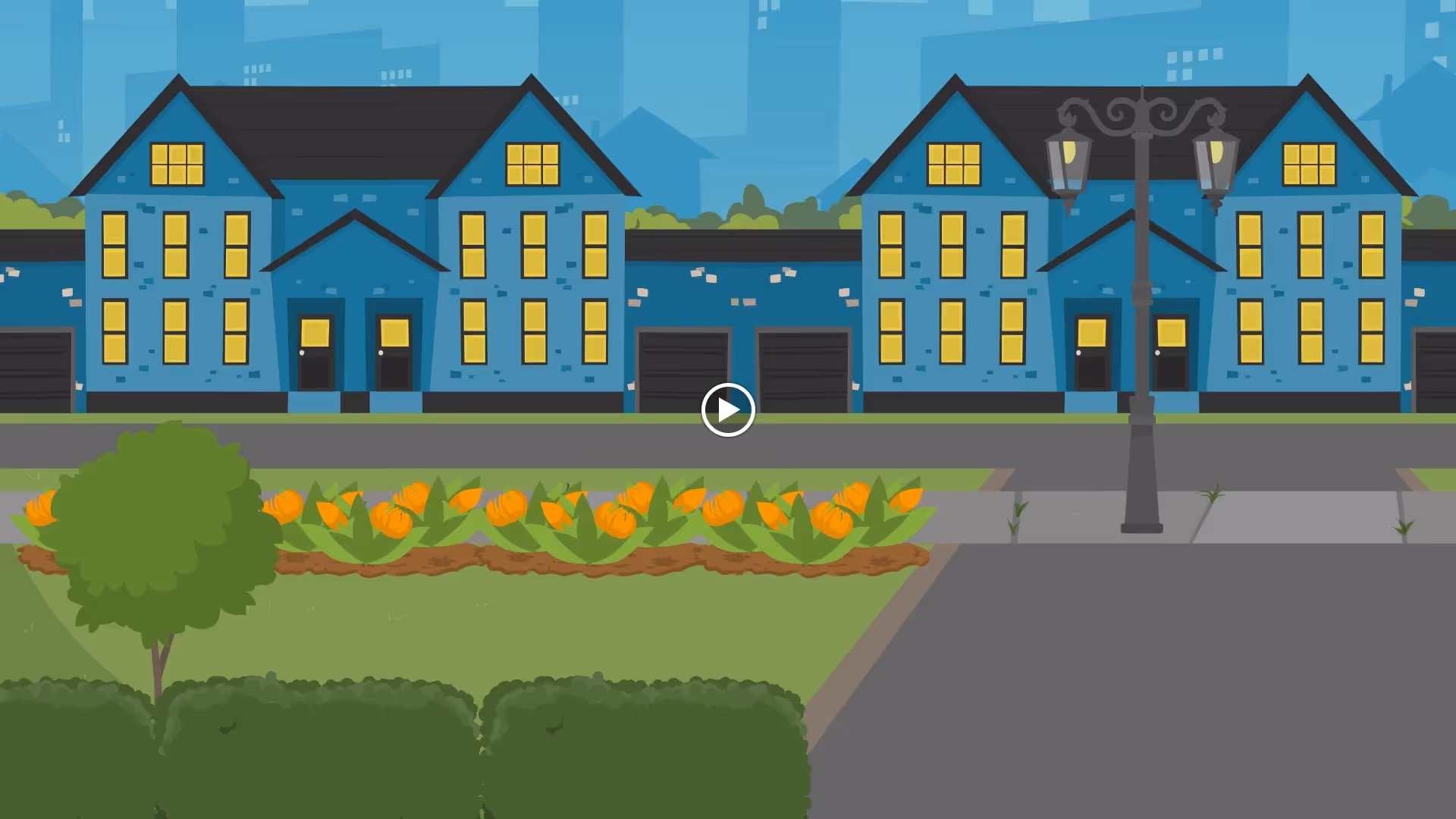 Illustration of two blue residential buildings with yellow-lit windows, a street lamp, a flower bed with orange flowers, a tree, and green bushes in the foreground.