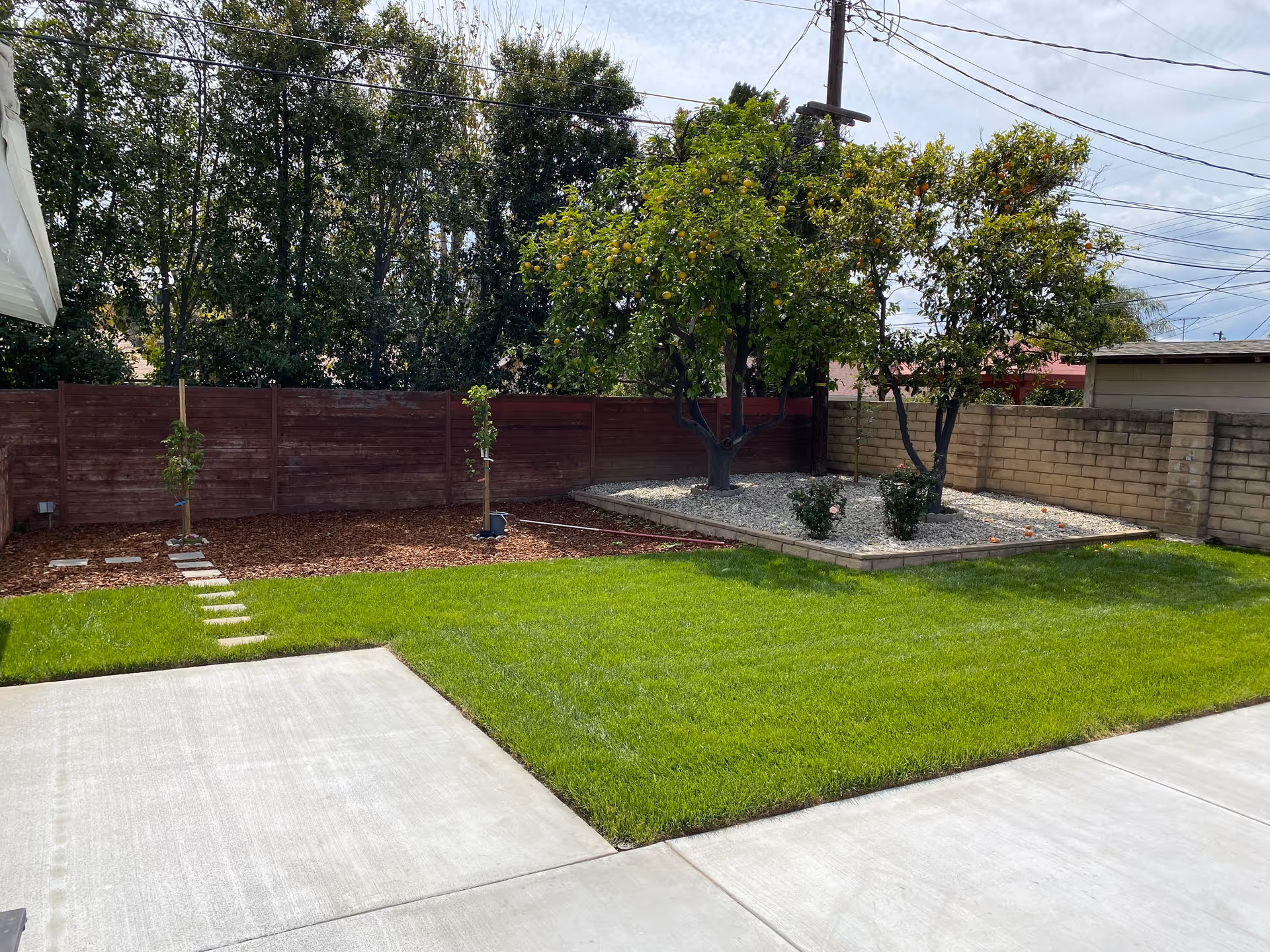 Backyard with a concrete patio, green lawn, raised gravel bed with fruit trees and a wooden fence.