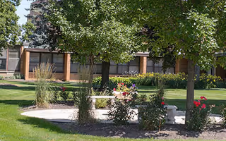 Outdoor garden area with green grass, trees, and flower beds in front of a brick building with large windows.
