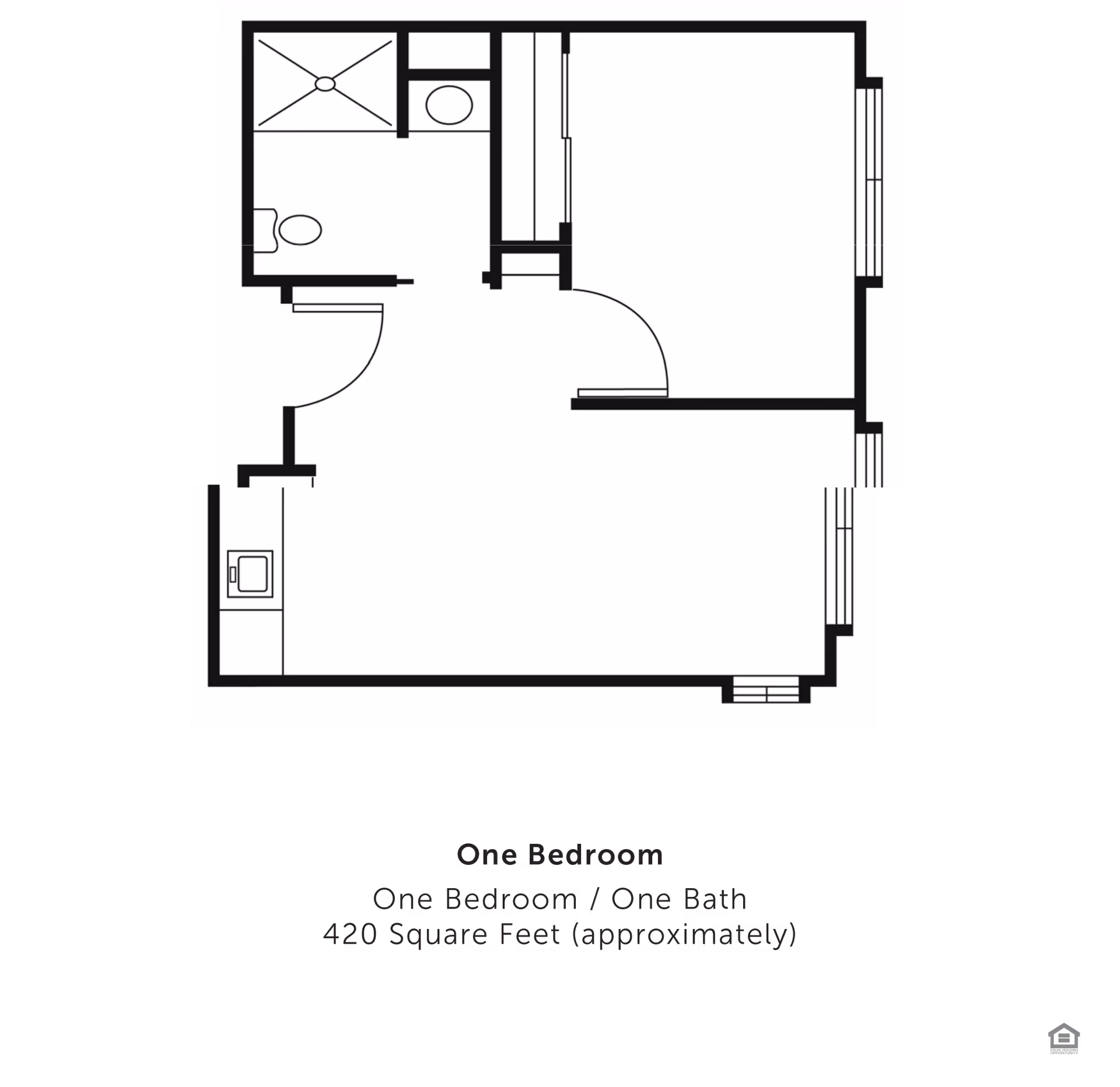 Architectural floor plan of a one-bedroom, one-bath apartment approximately 420 square feet, showing layout with a bedroom, bathroom, and living area with kitchen space.