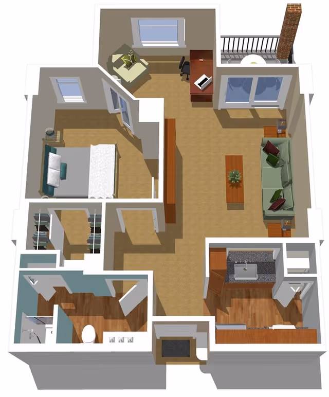 3D floor plan of a senior living apartment at Stratford Court of Boca Pointe showing a bedroom with a bed and nightstand, a bathroom with a shower and toilet, a kitchen area with a sink and cabinets, a living room with a sofa, coffee table, armchair, desk with chair, and a balcony with a small table and chairs.
