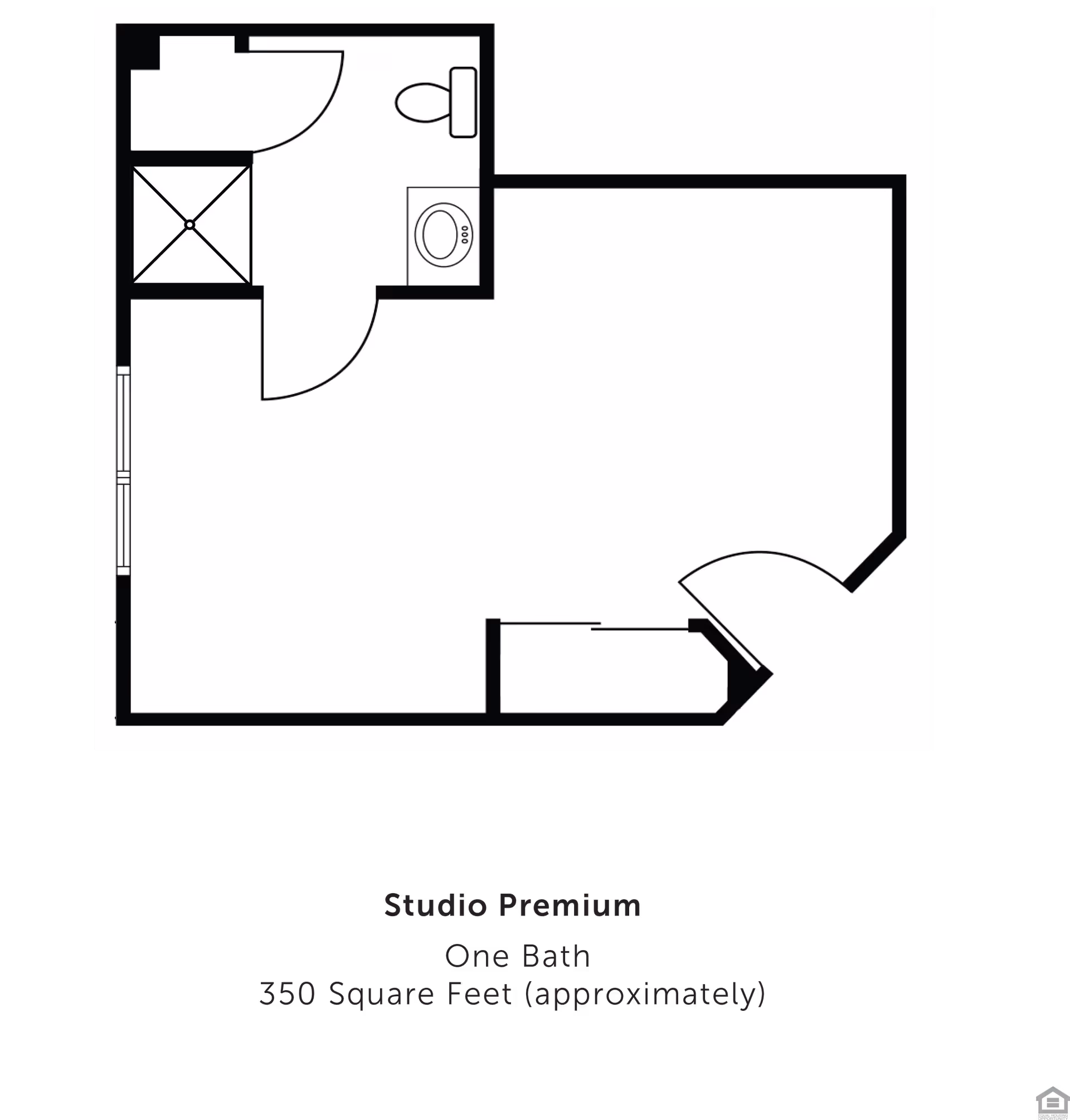 Floor plan layout of a Studio Premium apartment with one bathroom, approximately 350 square feet. The plan shows a main living area, a bathroom with a toilet and shower, and an entry door.