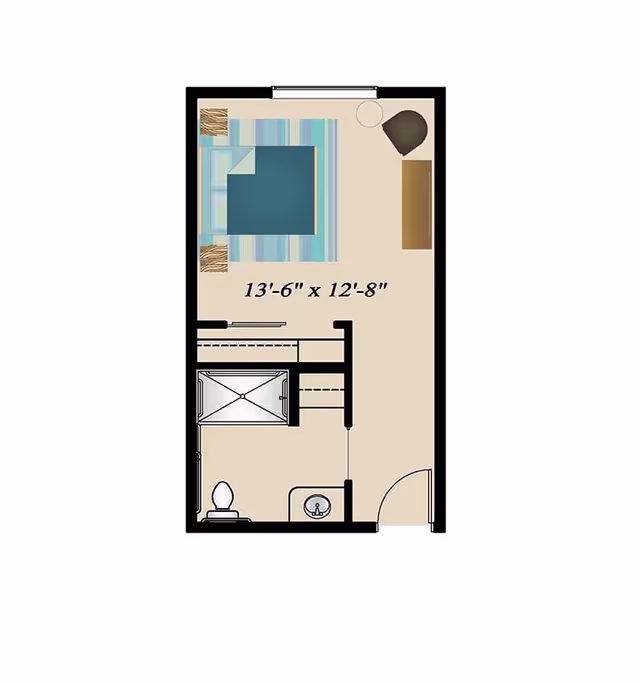 Floor plan of a room measuring 13 feet 6 inches by 12 feet 8 inches, featuring a bed with two nightstands, a chair and a dresser, and an attached bathroom with a toilet, sink, and shower.