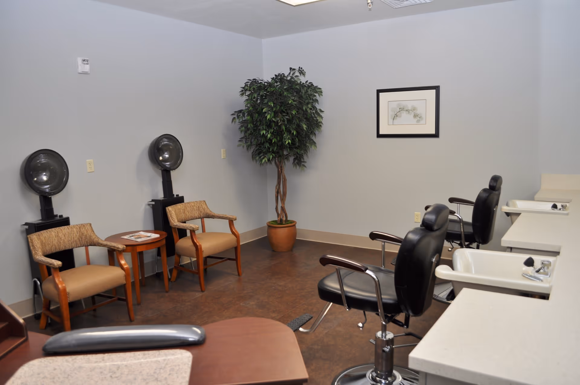 Interior of a salon area with two black salon chairs in front of sinks and counters, two beige armchairs with wooden arms, two hair dryers, a small round wooden table with magazines, a potted plant in the corner, and a framed picture on a light gray wall.