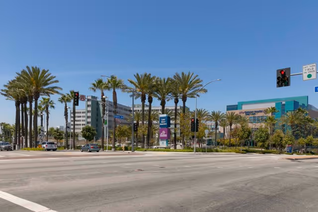 Wide street intersection with traffic lights and palm trees lining the sidewalks. In the background, there are multiple modern buildings including a healthcare facility with signage for Atlantic Memorial Healthcare Center. The sky is clear and blue.