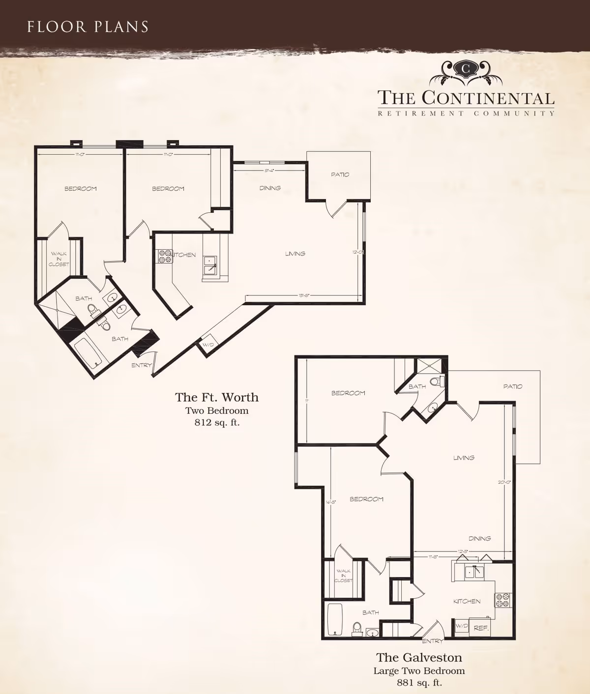 Architectural floor plans showing two two-bedroom apartment layouts labeled The Ft. Worth and The Galveston with room labels and the facility logo.