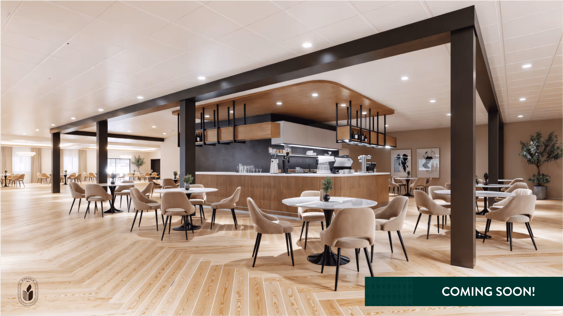 Spacious modern dining/lounge area with round tables and upholstered chairs surrounding a central coffee bar.