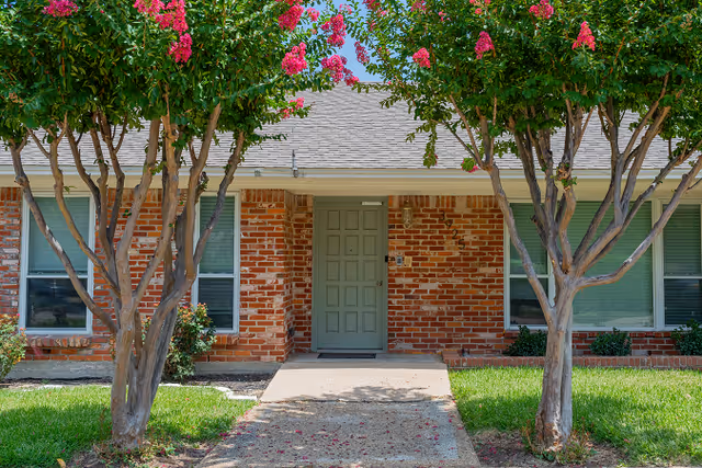 Front entrance of a brick building with a green door centered between two windows. Two trees with pink flowers frame the walkway leading to the door. The lawn is green and well-maintained under a clear blue sky.