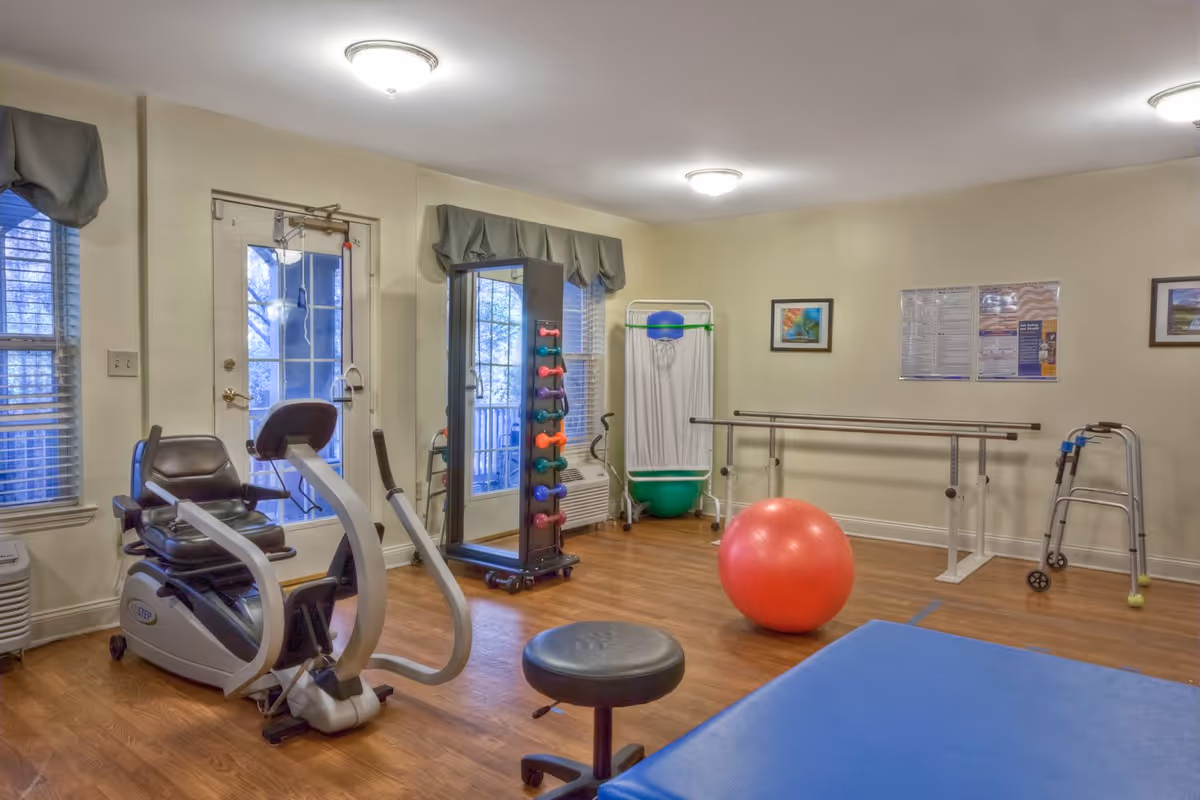A small exercise room with wooden floors featuring a recumbent exercise bike, a rack of colorful dumbbells, a large red exercise ball, parallel bars for walking support, a walker, a blue padded exercise table, and framed pictures on the walls.