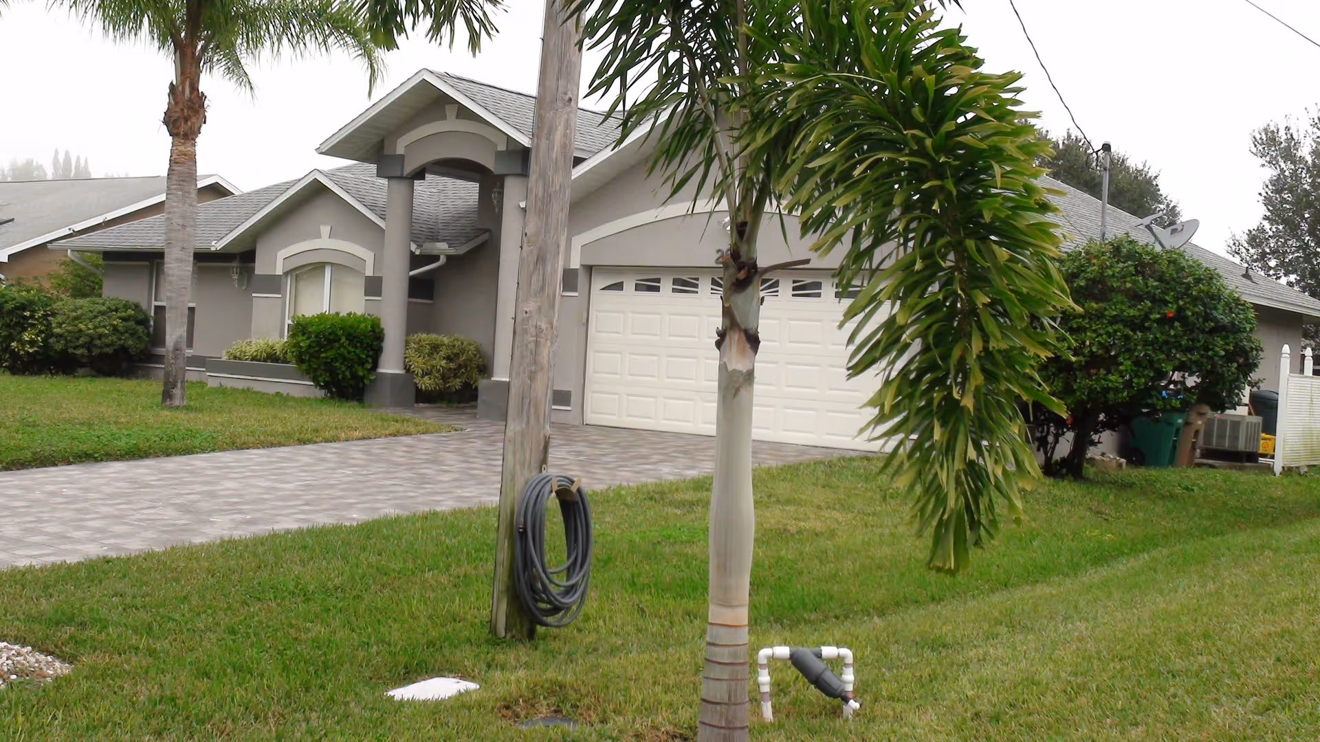 Exterior view of a single-story residential building with a tiled driveway, a garage door, and a well-maintained lawn with palm trees and shrubs.