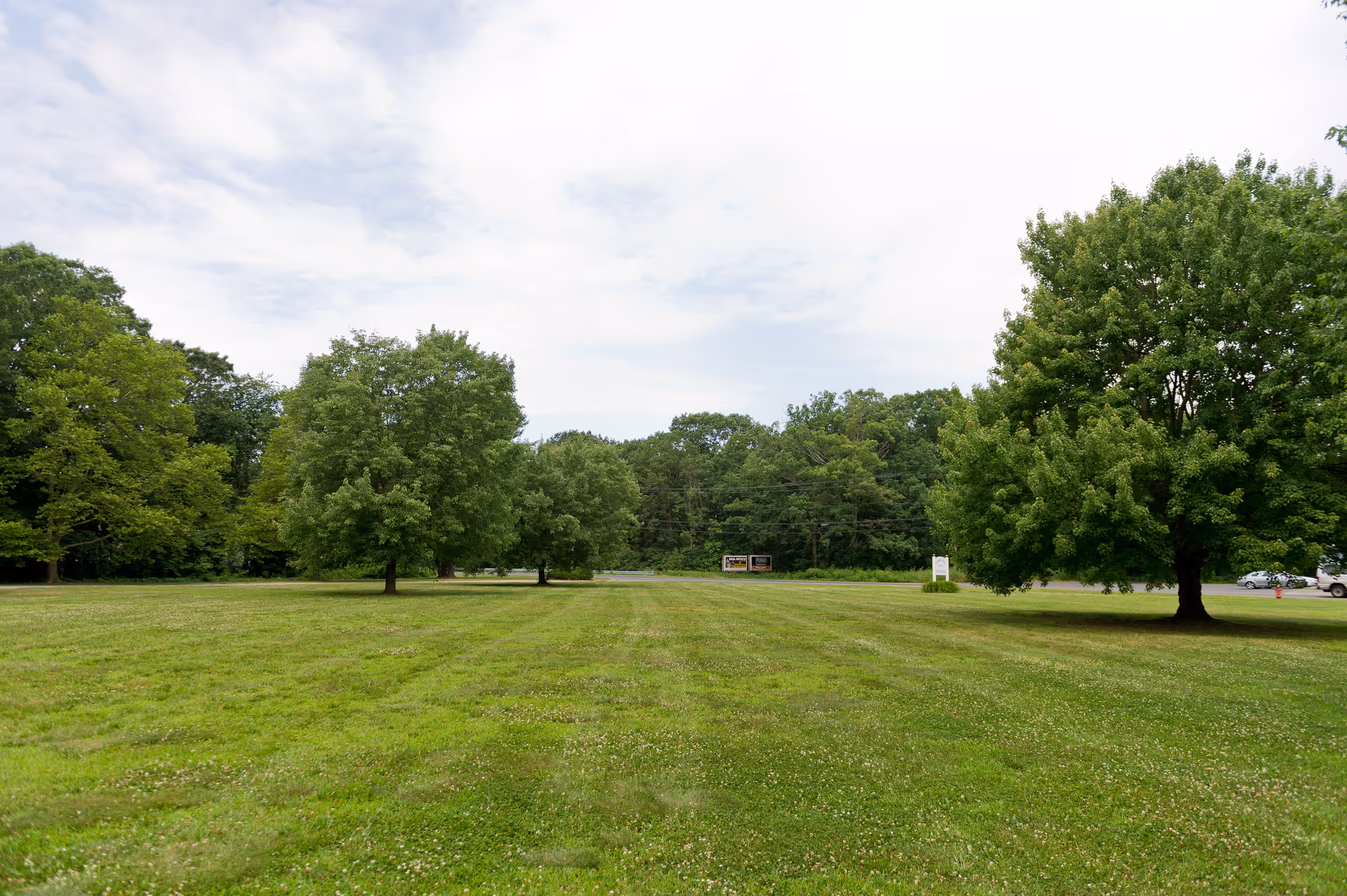 A large open grassy field with several green trees scattered around. The sky is partly cloudy. There is a road in the background with some parked cars and a sign visible near the trees.