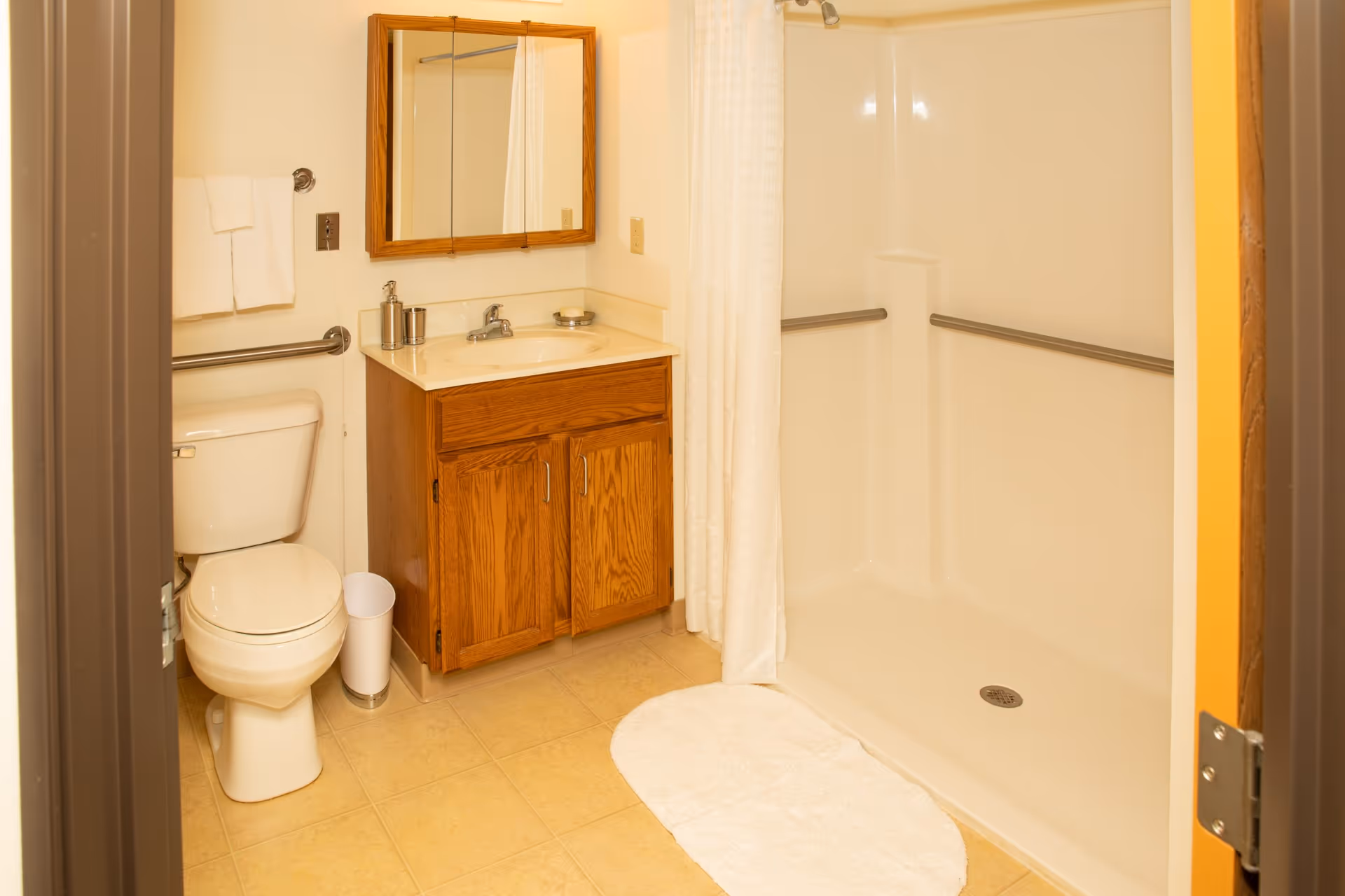 Accessible bathroom with a toilet, wooden vanity and sink with mirror, and a walk-in shower with grab bars and a shower curtain.