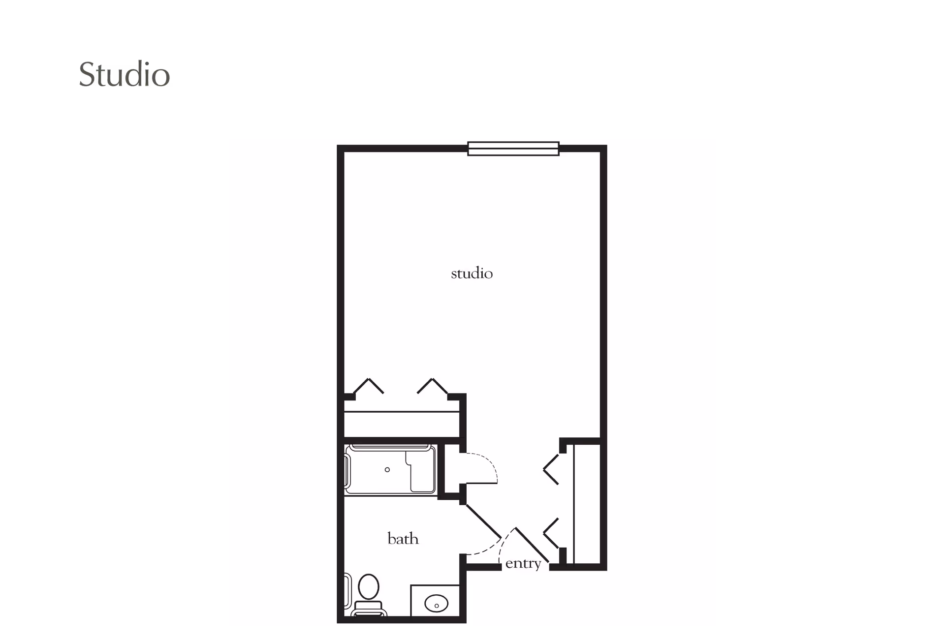 Floor plan of a studio apartment at Atria Kennebunk showing an entry area, a bathroom with a bathtub, toilet, and sink, and a main studio living space with a window.