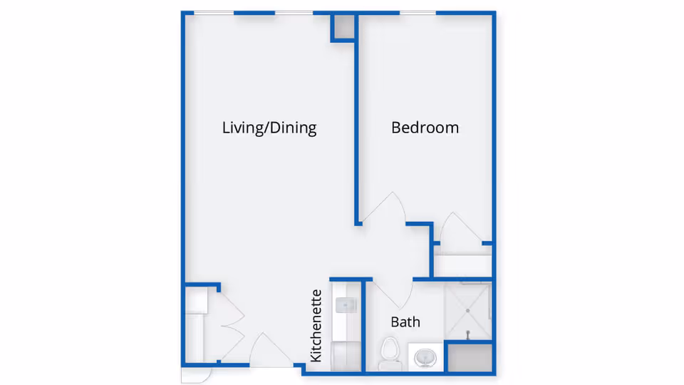 Floor plan of a senior living apartment at Benchmark Senior Living at Robbins Brook showing a living/dining area, bedroom, kitchenette, and bathroom with shower, toilet, and sink.