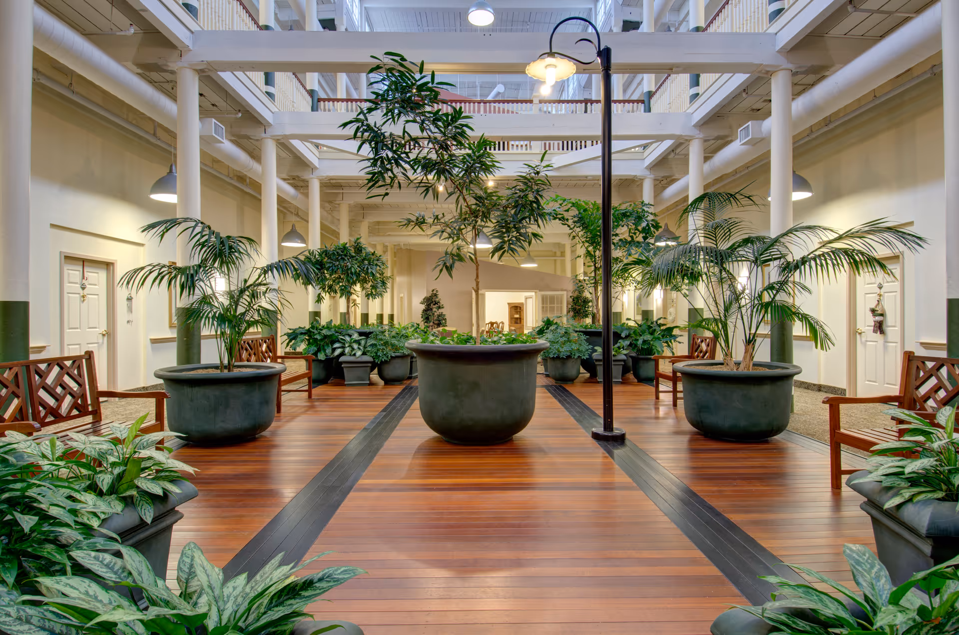 Bright indoor atrium with large potted plants, wooden flooring, benches and a central lamp post under a high ceiling.