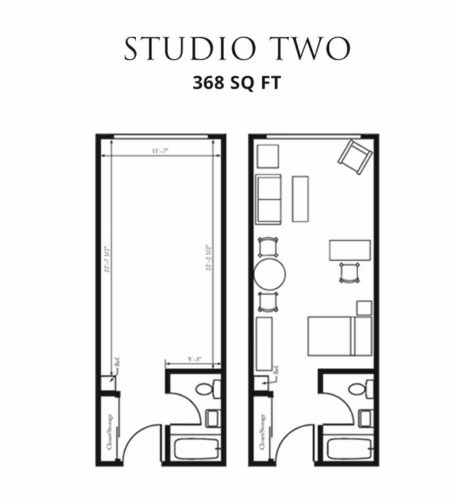 Floor plan of a studio apartment named Studio Two with 368 square feet. The layout shows a rectangular space with a bathroom in one corner, a closet/storage area near the entrance, and an open living/sleeping area with furniture including a bed, sofa, chairs, a table, and a desk.